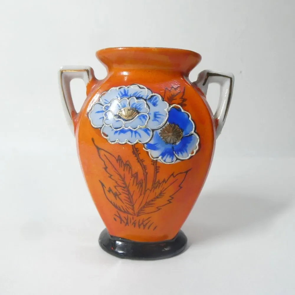 Orange Vase Blue Flowers Art Deco Japan Vintage Porcelain 3.75